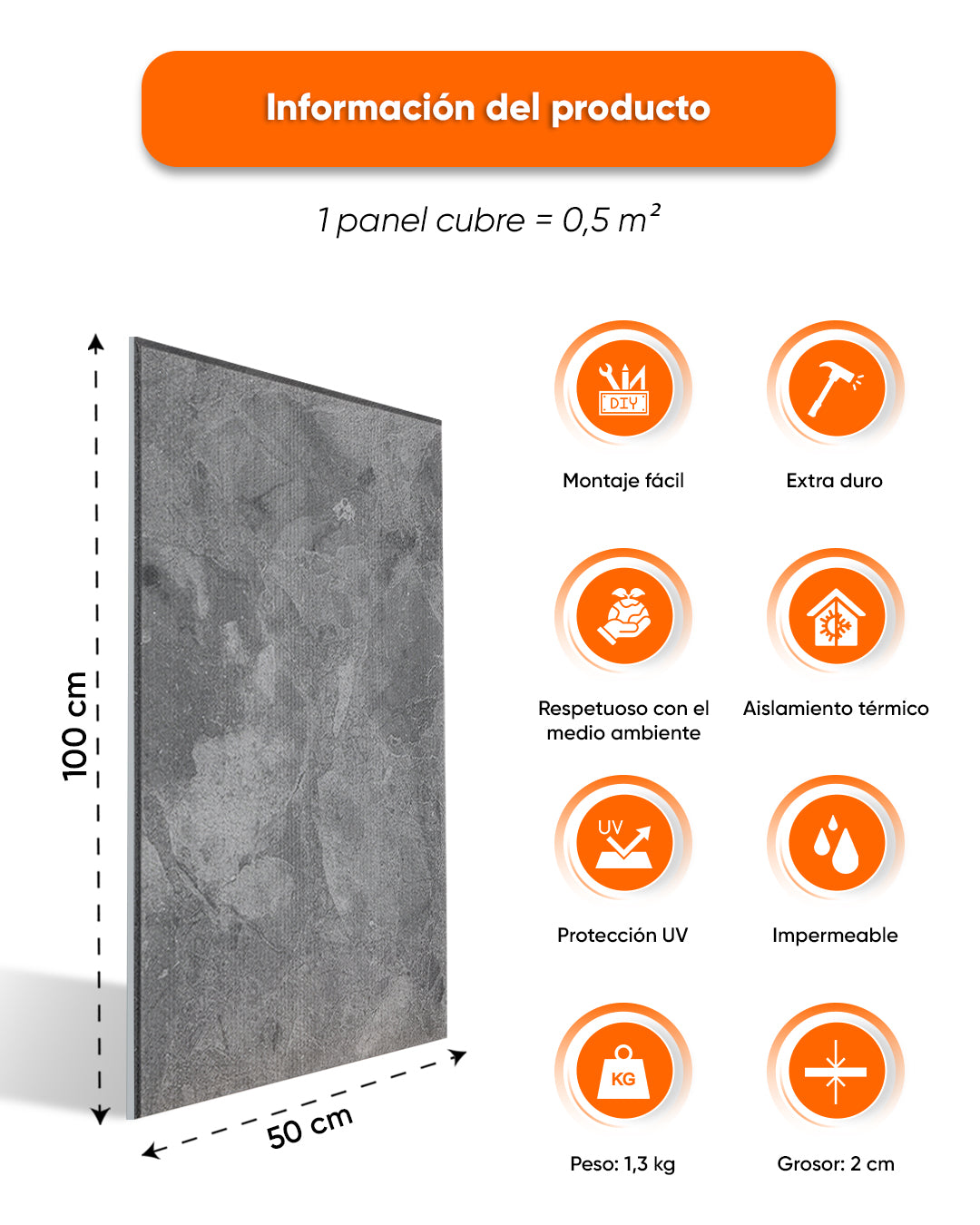 Revestimiento de pared efecto hormigón 50×100×2 cm | Paneles de pared 3D de poliestireno | Storm Grey Concrete AT-04