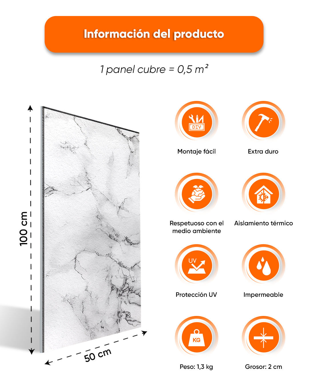 Revestimiento de pared efecto mármol 50×100×2 cm | Paneles de pared 3D de poliestireno | Carrara Blanco AT-05