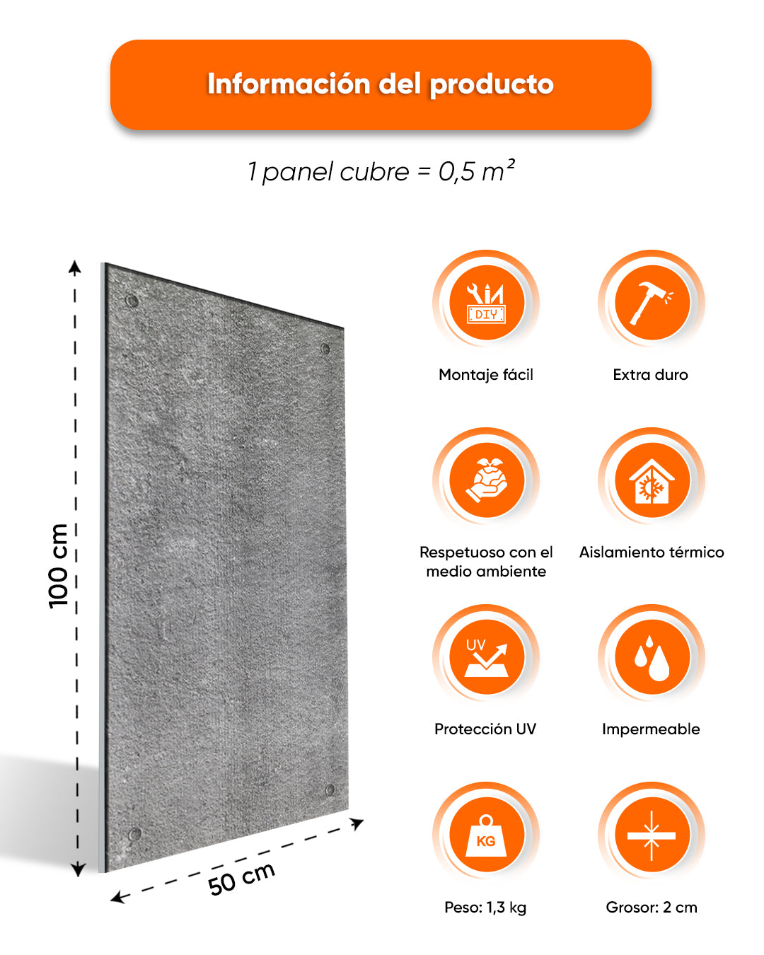 Revestimiento de pared efecto hormigón 50×100×2 cm | Paneles de pared 3D de poliestireno | Dark Concrete AT-17