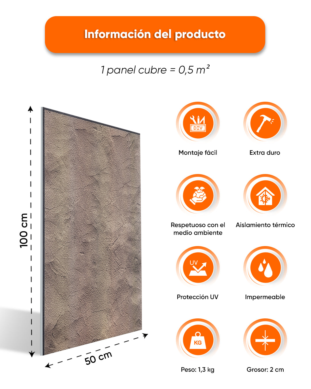 Revestimiento de pared efecto hormigón 50×100×2 cm | Paneles de pared 3D de poliestireno | Desert Concrete AT-25