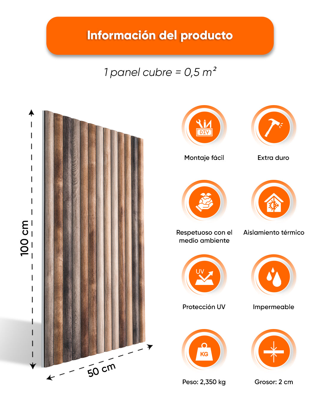 Revestimiento de pared efecto madera 50×100×2 cm | Paneles de pared 3D de poliestireno | Rustic Wood OP-02