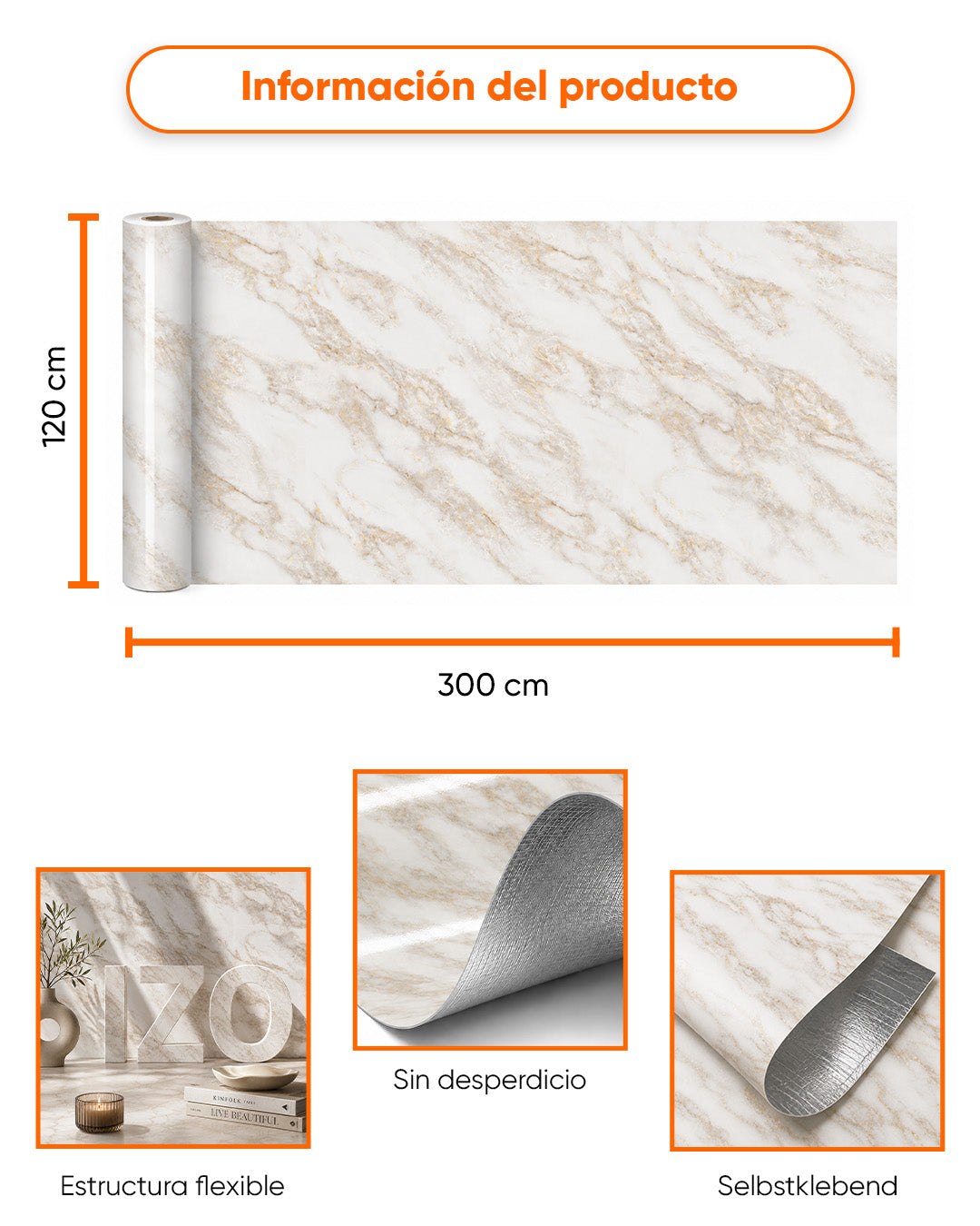 Revestimiento mural efecto mármol 120×300 cm - 2,5 mm de grosor | Autoadhesivo, flexible y enrollable | Gold Vein Marble
