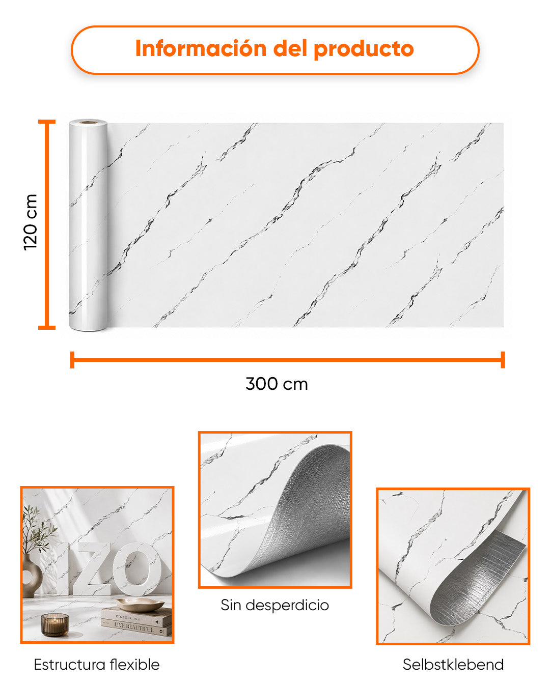 Revestimiento mural efecto mármol 120×300 cm - 2,5 mm de grosor | Autoadhesivo, flexible y enrollable | Silver Vein Marble