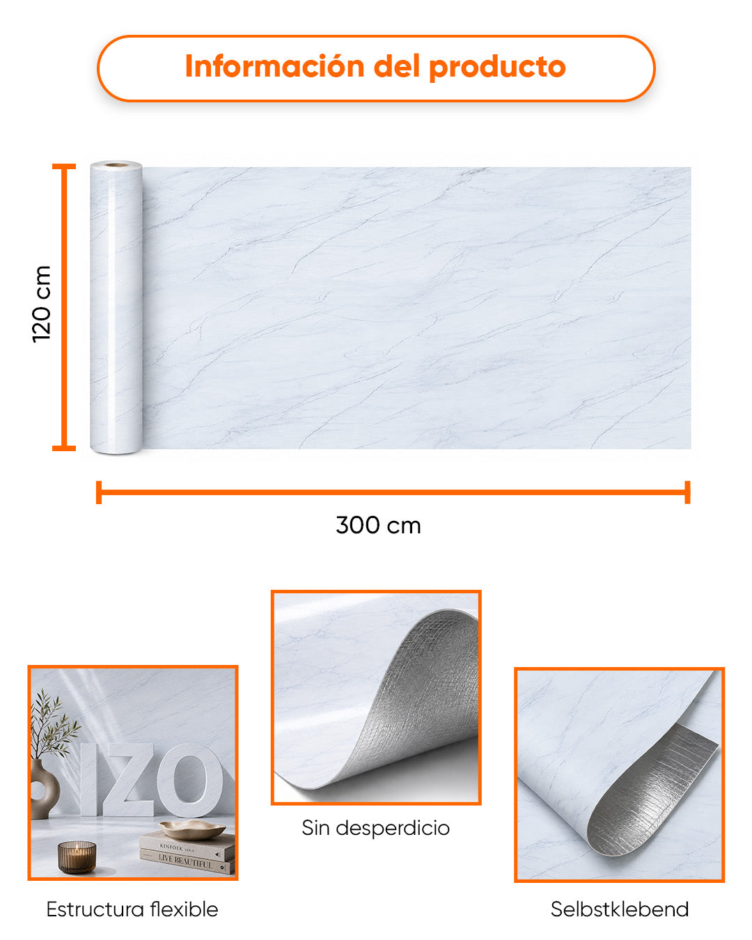 Revestimiento mural efecto mármol 120×300 cm - 2,5 mm de grosor | Autoadhesivo, flexible y enrollable | Arctic White Marble
